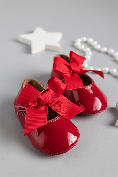Pantofi eleganti rosii cu fundite pentru bebelusi fetite