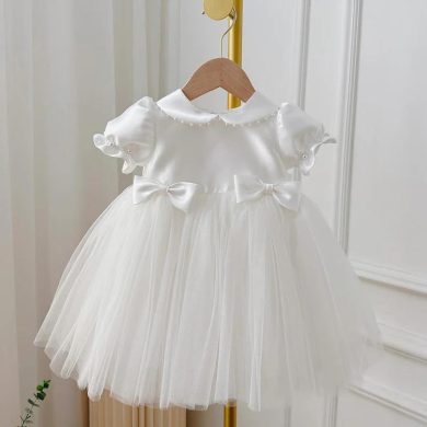 Rochie eleganta de botez cu fundite si perle pentru fetite Eleanor