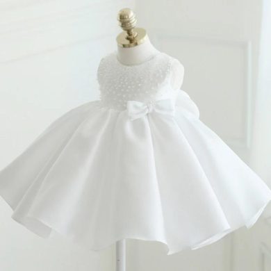 Rochie botez cu fundite si perle pentru fetite Alyssa