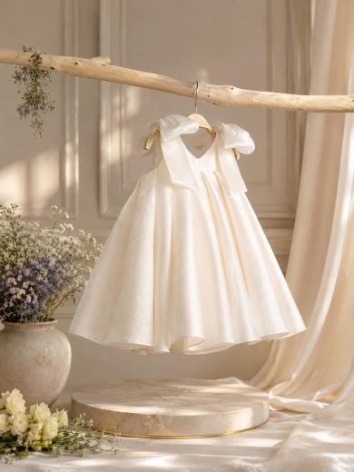 Rochie botez ivoire cu fundite pentru fetite Denise