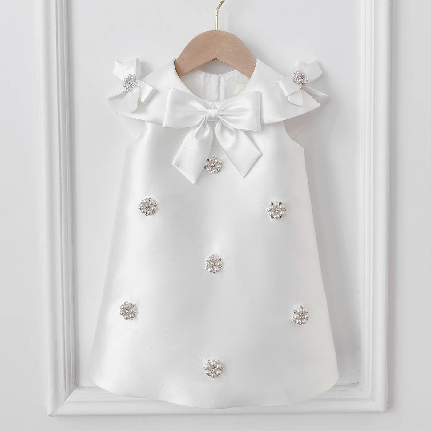 Rochie de botez din tafta ivoire cu fundite pentru fetite Olympe
