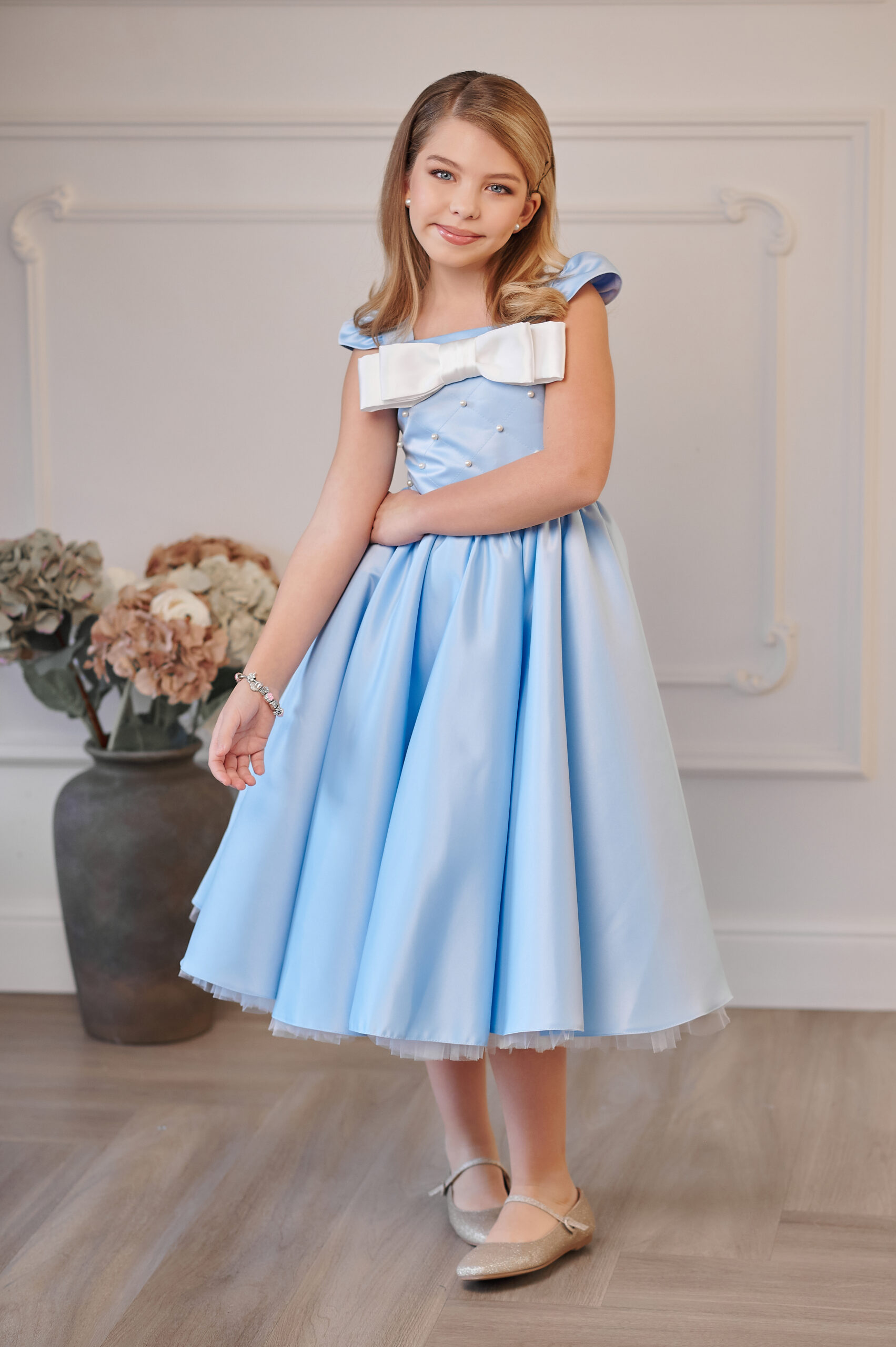 Rochie eleganta din tafta bleu cu funda si perle Scarlett