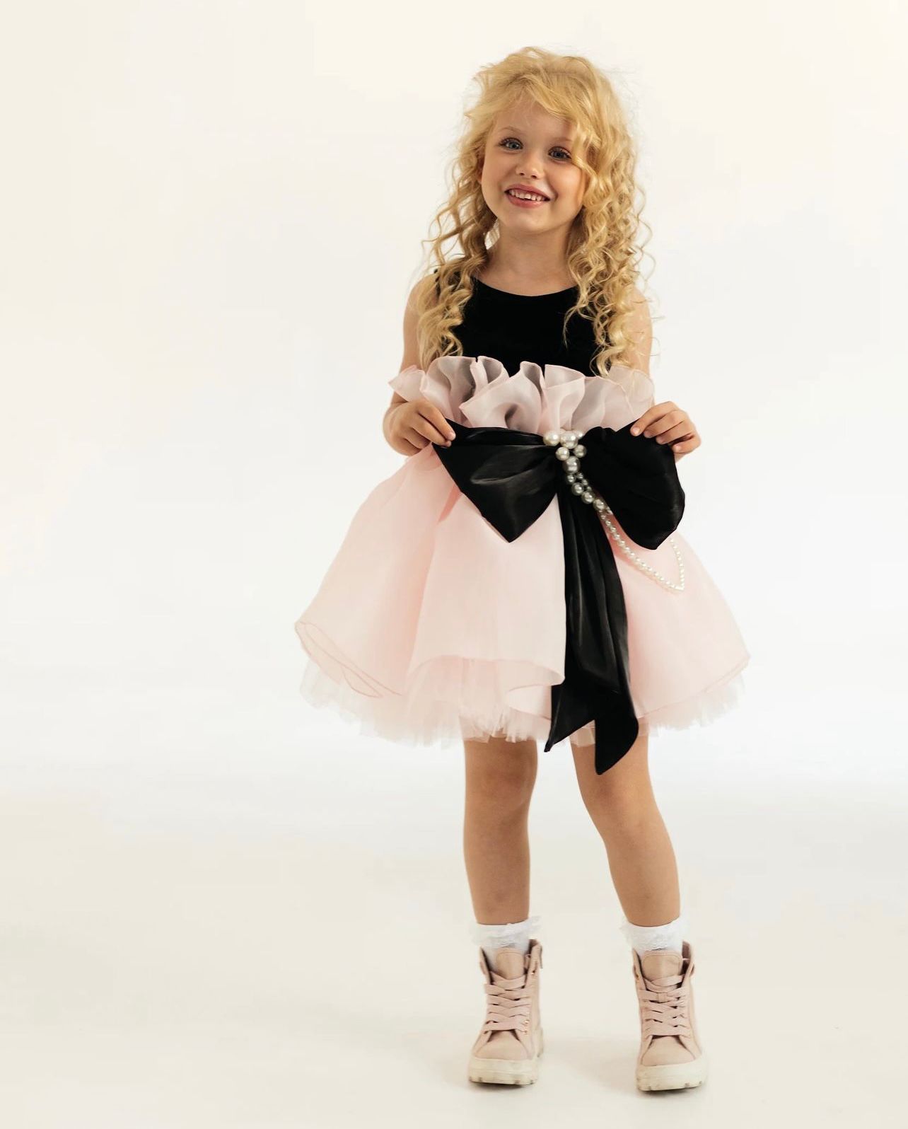 Rochie eleganta din organza roz cu funda pentru fete Caroline