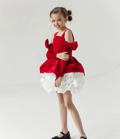 Rochie rosie eleganta pentru fete din catifea cu manusi cu fundite Ondine
