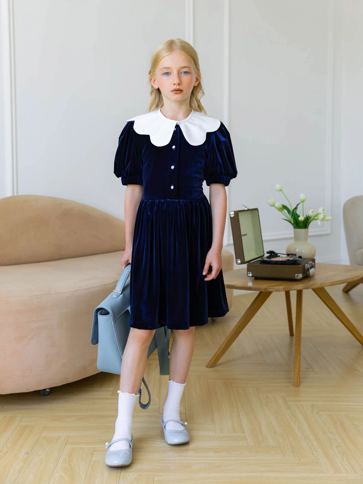 Rochie bleumarin cu guler detasabil pentru fete Lisette