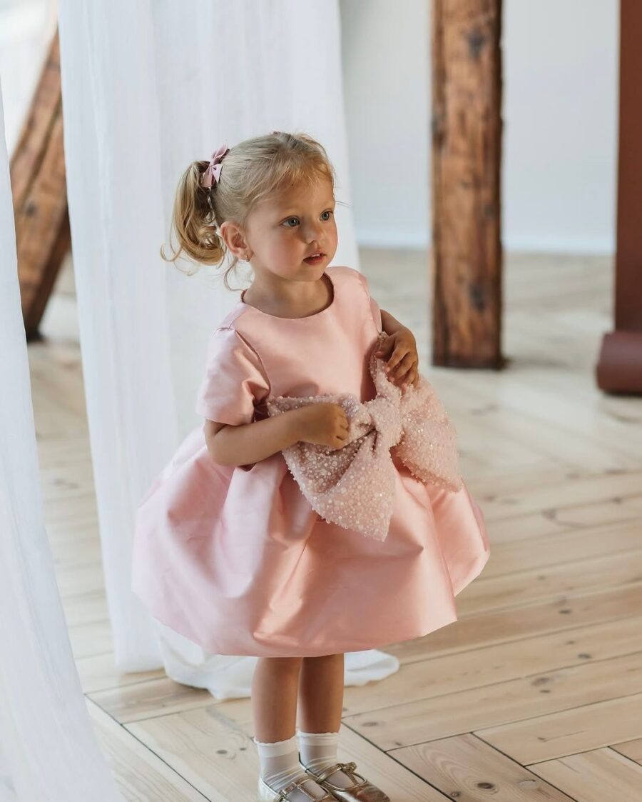 Rochie roz cu fundita cu glitter pentru fetite Emyline