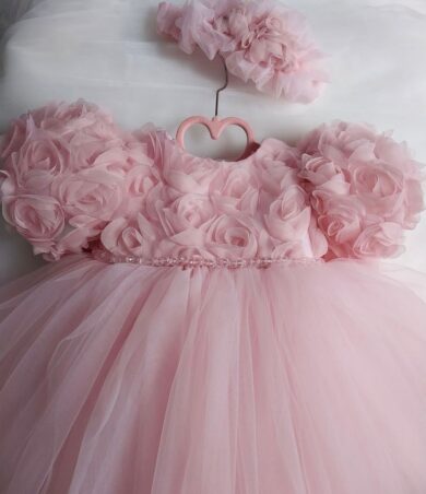 Rochie roz din tull cu flori pentru fetite Alida