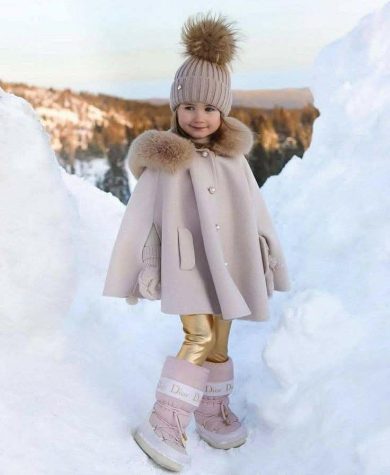 Palton beige elegant din stofa cu blanita naturala pentru fete Anabelle