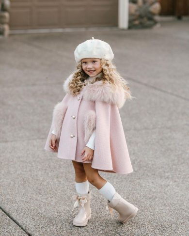 Palton roz elegant din stofa cu blanita pentru fete Agatha