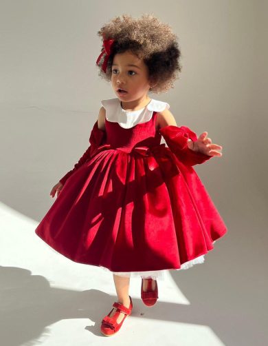 Rochie eleganta din catifea rosie cu manusi pentru fete Zelina