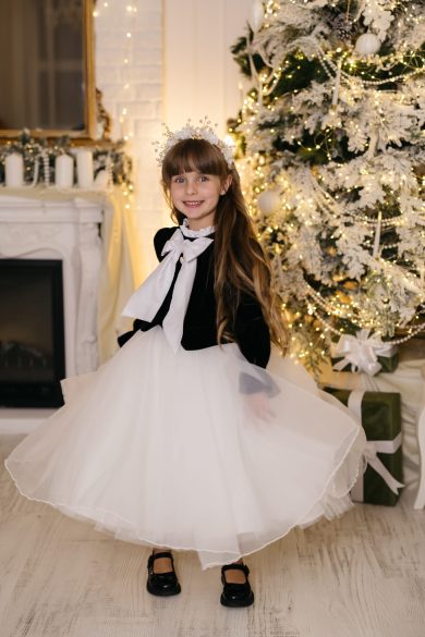 Rochie eleganta cu fundita din catifea neagra si organza pentru fete Joell