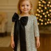 Rochie eleganta pentru fete cu glitter argintiu si funda neagra Coco