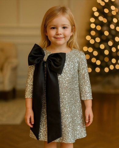 Rochie eleganta pentru fete cu glitter argintiu si funda neagra Coco
