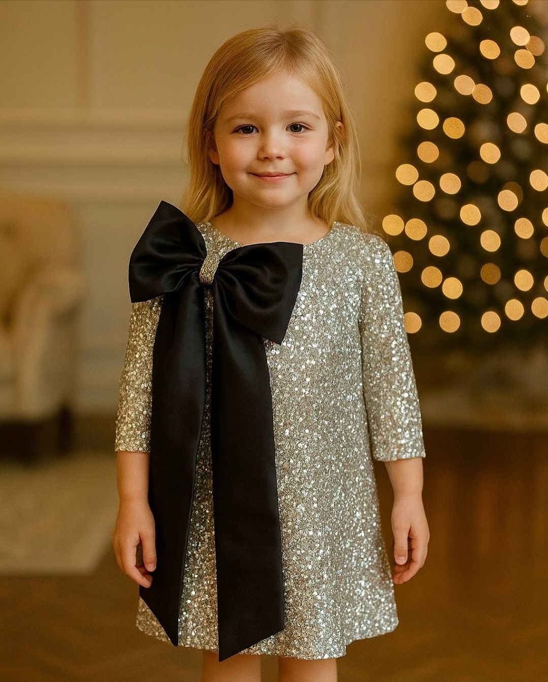Rochie eleganta pentru fete cu glitter argintiu si funda neagra Coco
