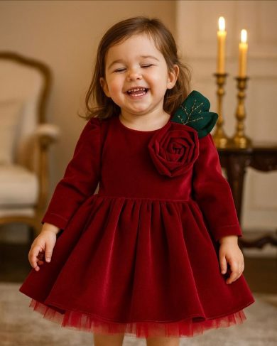 Rochie eleganta pentru fete din catifea rosie cu floare Giuliana