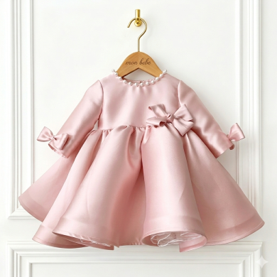 Rochie de botez din tafta roz cu fundite pentru fetite Cerise