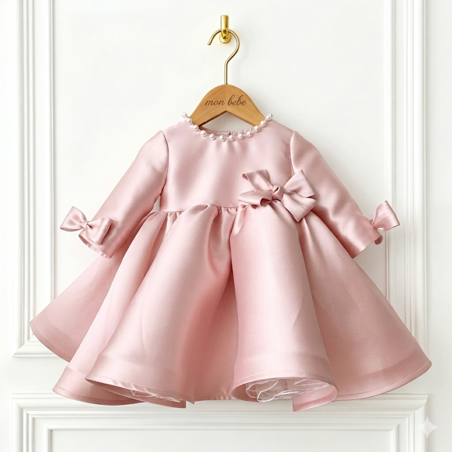 Rochie de botez din tafta roz cu fundite pentru fetite Cerise