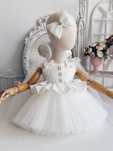 Rochie de botez alba cu fundite pentru fetite Katinca