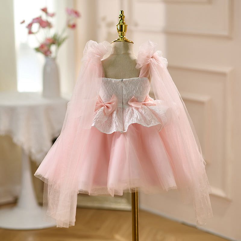 Rochie de botez roz cu fundite pentru fetite Ameline