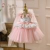 Rochie de botez roz cu fundite pentru fetite Ameline