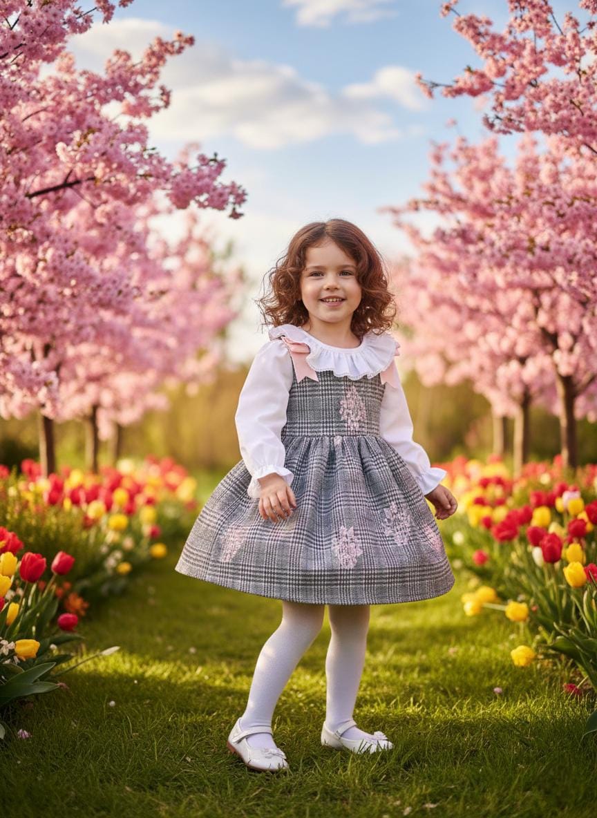 Rochie in carouri cu guler si fundite roz pentru fete Lorina