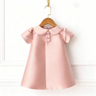 Rochie de botez din tafta roz cu guler pentru fetite Cecille