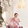 Rochie botez roz cu fundite si perle pentru fetite May