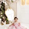 Rochie botez roz cu fundite si perle pentru fetite May
