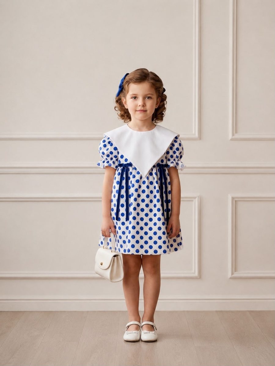 Rochie cu guler alb si buline pentru fete Bertille