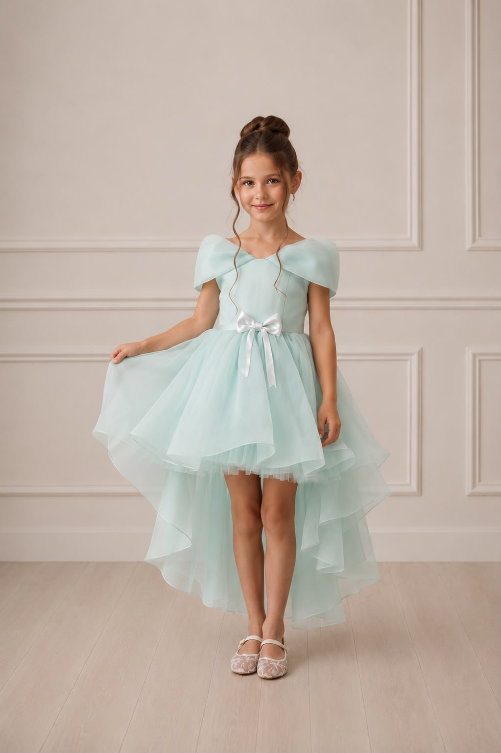 Rochie eleganta din organza bleu cu funde pentru fete Louane