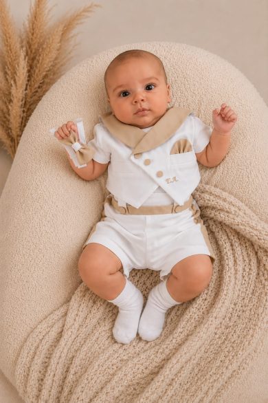 Costum botez bej 3 piese pentru baietei Maxim